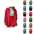 thumbnail image 1 of Short Sets for Women Lounge Long Sleeve Button Down Collared Shirt and High Waisted Shorts 2 Piece Matching Set, 1 of 6