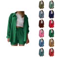 thumbnail image 1 of Short Sets for Women Lounge Long Sleeve Button Down Collared Shirt and High Waisted Shorts 2 Piece Matching Set, 1 of 6