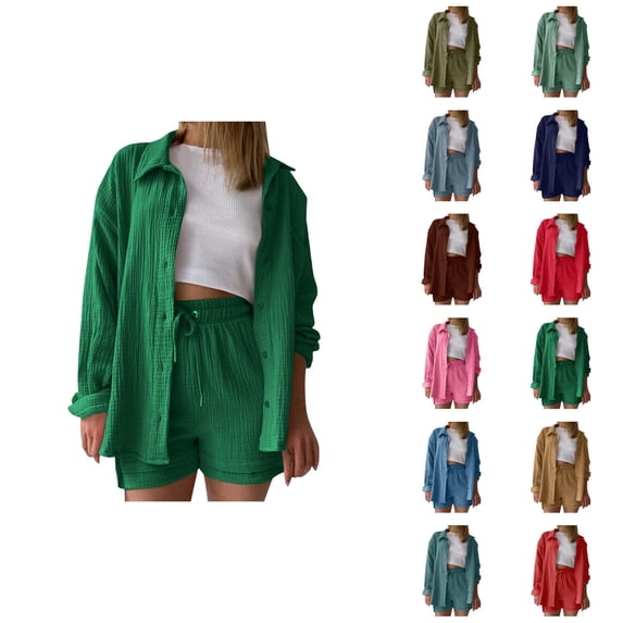 Short Sets for Women Lounge Long Sleeve Button Down Collared Shirt and High Waisted Shorts 2 Piece Matching Set