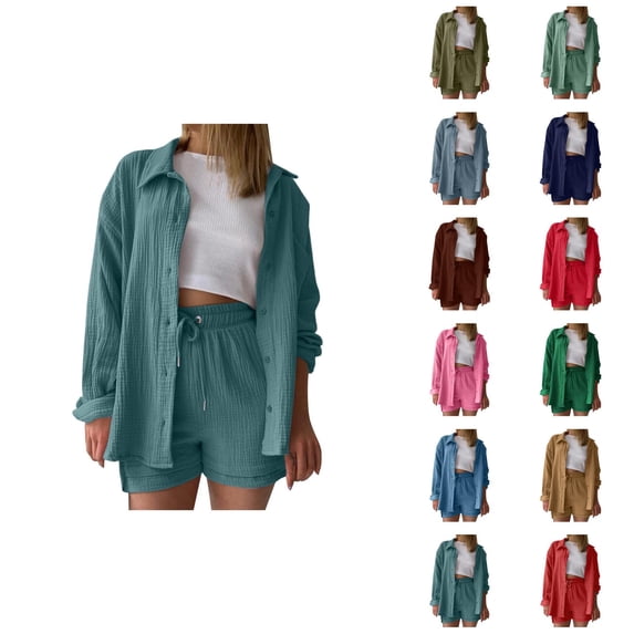 Short Sets for Women Lounge Long Sleeve Button Down Collared Shirt and High Waisted Shorts 2 Piece Matching Set