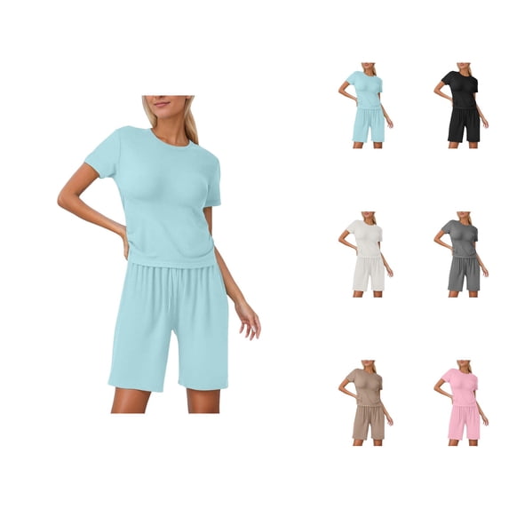 Short Sets for Women Relaxed Fit Basic Plain Short Sleeve Crewneck T Shirt and Shorts 2 Piece Matching Set Lounge Set