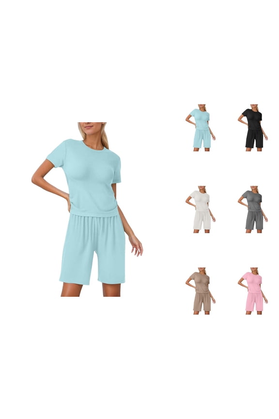 Short Sets for Women Relaxed Fit Basic Plain Short Sleeve Crewneck T Shirt and Shorts 2 Piece Matching Set Lounge Set