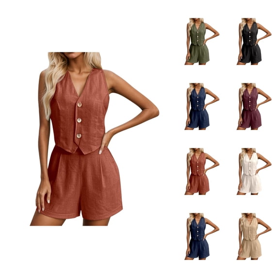 Short Sets for Women Relaxed Fit Sleeveless V Neck Button Vest and Shorts 2 Piece Matching Set Business Casual Work Sets