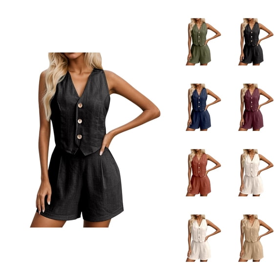 Short Sets for Women Relaxed Fit Sleeveless V Neck Button Vest and Shorts 2 Piece Matching Set Business Casual Work Sets