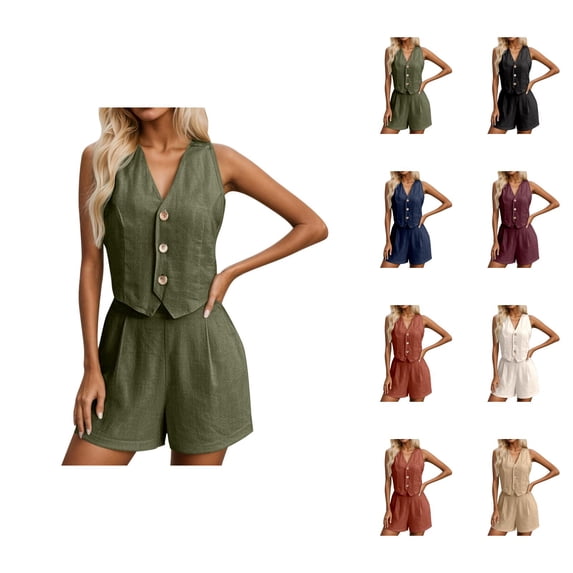 Short Sets for Women Relaxed Fit Sleeveless V Neck Button Vest and Shorts 2 Piece Matching Set Business Casual Work Sets