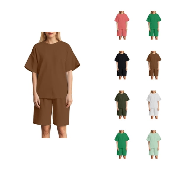 Short Sets for Women Ribbed Knit Loose Fit Short Sleeve Crewneck T Shirt and Wide Leg Shorts 2 Piece Matching Set