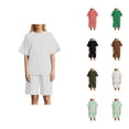 thumbnail image 1 of Short Sets for Women Ribbed Knit Loose Fit Short Sleeve Crewneck T Shirt and Wide Leg Shorts 2 Piece Matching Set, 1 of 3