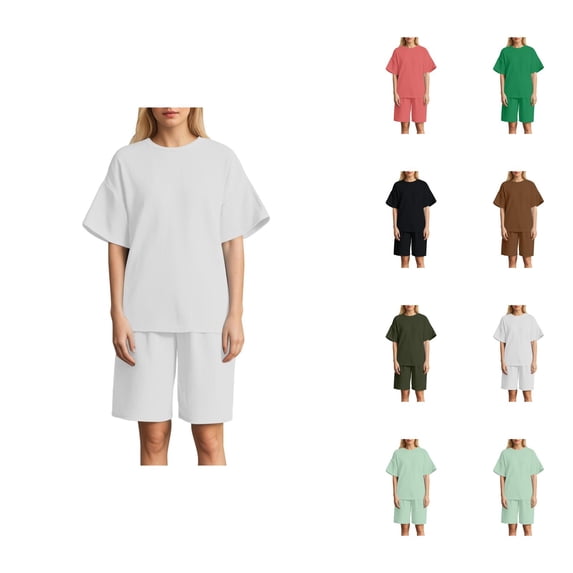 Short Sets for Women Ribbed Knit Loose Fit Short Sleeve Crewneck T Shirt and Wide Leg Shorts 2 Piece Matching Set