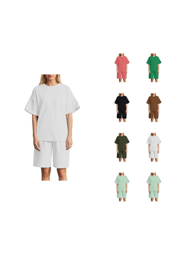 Short Sets for Women Ribbed Knit Loose Fit Short Sleeve Crewneck T Shirt and Wide Leg Shorts 2 Piece Matching Set