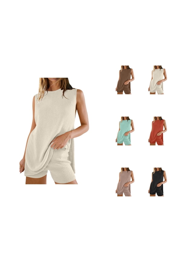 Short Sets for Women Ribbed Knit Stretchy Sleeveless Crewneck Tank Top and Shorts 2 Piece Matching Set Womens Lounge Set