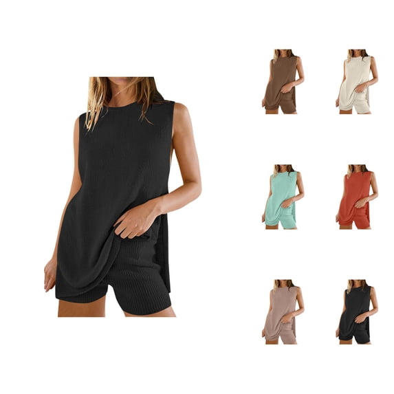 Short Sets for Women Ribbed Knit Stretchy Sleeveless Crewneck Tank Top and Shorts 2 Piece Matching Set Womens Lounge Set