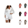 thumbnail image 1 of Short Sets for Women Sheer Lace 3/4 Sleeve V Neck T Shirt and Shorts 2 Piece Matching Set Beach Vacation Sets, 1 of 7