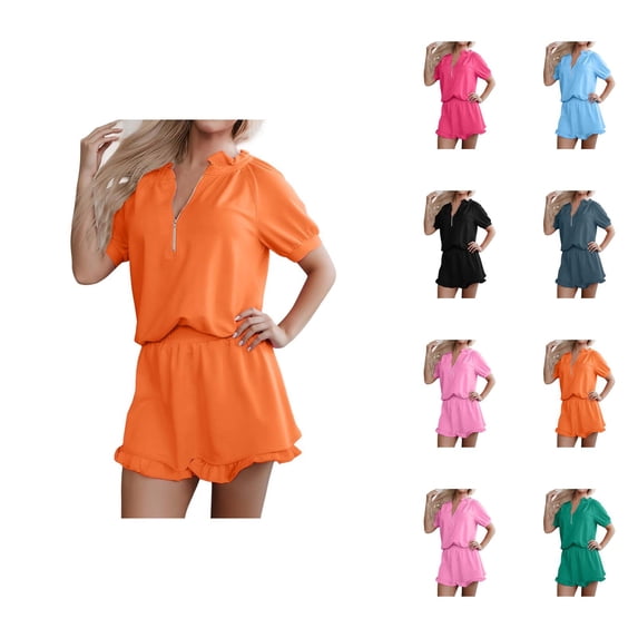 Short Sets for Women Short Puff Sleeve Half Zip T Shirt and Ruffled Shorts 2 Piece Matching Set Womens Lounge Set