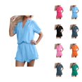 thumbnail image 1 of Short Sets for Women Short Puff Sleeve Half Zip T Shirt and Ruffled Shorts 2 Piece Matching Set Womens Lounge Set, 1 of 6