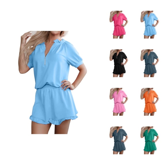 Short Sets for Women Short Puff Sleeve Half Zip T Shirt and Ruffled Shorts 2 Piece Matching Set Womens Lounge Set