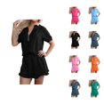 thumbnail image 1 of Short Sets for Women Short Puff Sleeve Half Zip T Shirt and Ruffled Shorts 2 Piece Matching Set Womens Lounge Set, 1 of 6