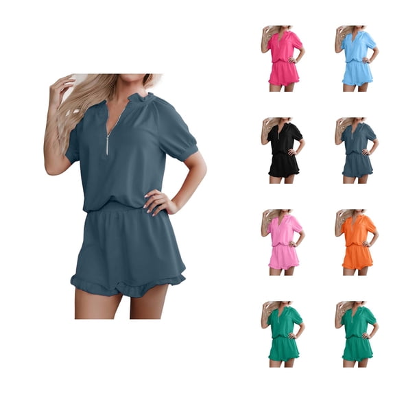 Short Sets for Women Short Puff Sleeve Half Zip T Shirt and Ruffled Shorts 2 Piece Matching Set Womens Lounge Set