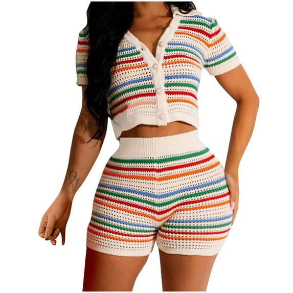 Short Sets for Women, Short Sets,Women Fashionable Knitted Hollow Short Sleeved V-Neck Top Set,Womens Short Sets