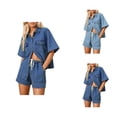 thumbnail image 1 of Short Sets for Women Short Sleeve Button Down Collared Denim Shirt and Shorts 2 Piece Matching Set Streetwear, 1 of 6