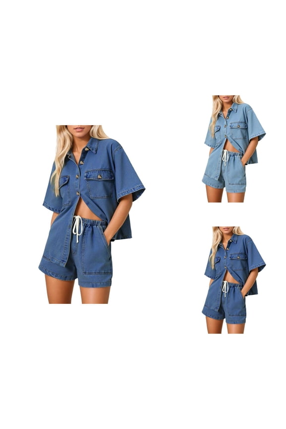 Short Sets for Women Short Sleeve Button Down Collared Denim Shirt and Shorts 2 Piece Matching Set Streetwear