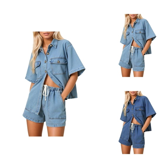 Short Sets for Women Short Sleeve Button Down Collared Denim Shirt and Shorts 2 Piece Matching Set Streetwear