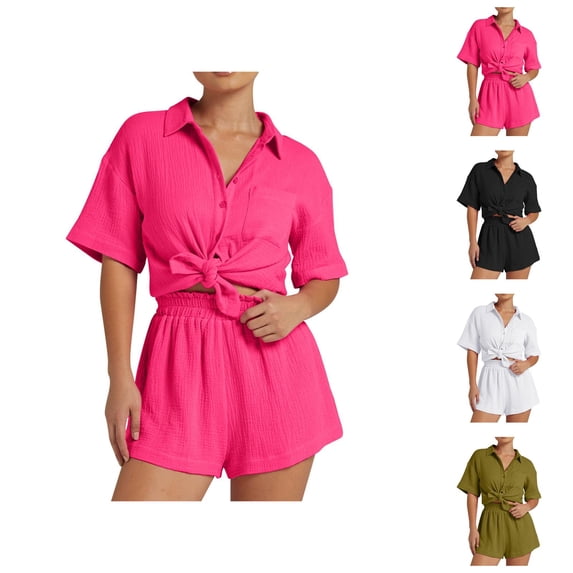Short Sets for Women Short Sleeve Button Down Collared T Shirt and Shorts 2 Piece Matching Set Womens Lounge Set