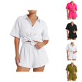 thumbnail image 1 of Short Sets for Women Short Sleeve Button Down Collared T Shirt and Shorts 2 Piece Matching Set Womens Lounge Set, 1 of 9