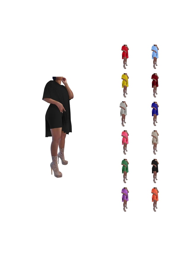 Short Sets for Women Short Sleeve V Neck Side Split Loose Tunic Top and Bodycon Shorts 2 Piece Matching Set Clubwear