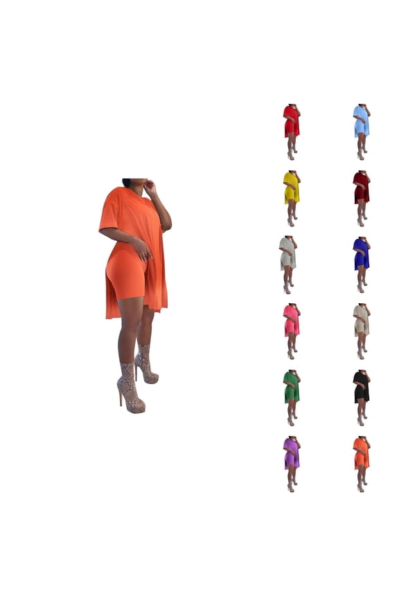 Short Sets for Women Short Sleeve V Neck Side Split Loose Tunic Top and Bodycon Shorts 2 Piece Matching Set Clubwear