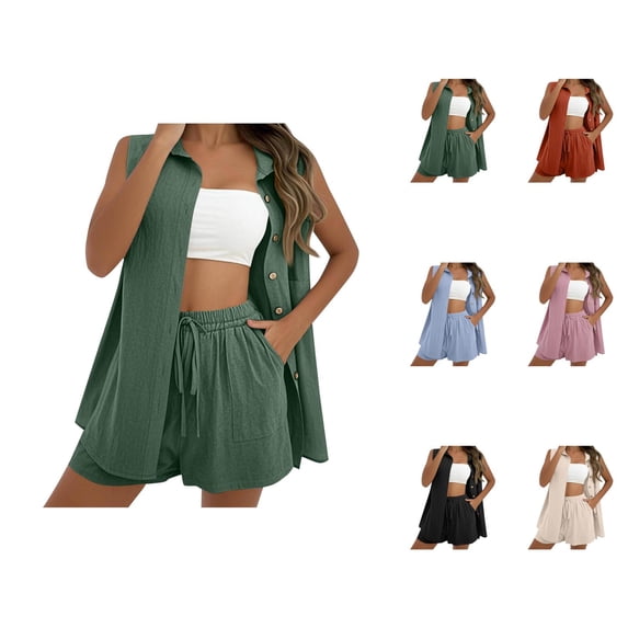 Short Sets for Women Sleeveless Button Down Collared Shirt and Shorts 2 Piece Matching Set Womens Lounge Set