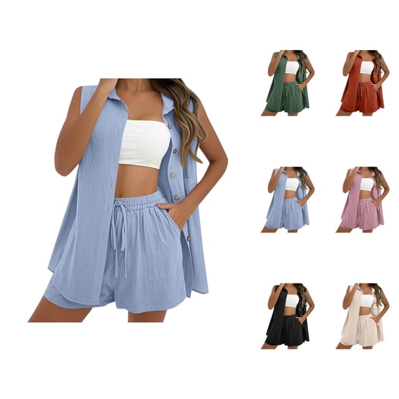 Short Sets for Women Sleeveless Button Down Collared Shirt and Shorts 2 Piece Matching Set Womens Lounge Set