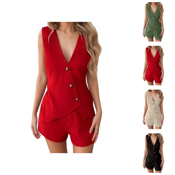 Short Sets for Women Sleeveless V Neck Button Vest and Shorts 2 Piece Matching Set Business Casual Blazers Work Sets