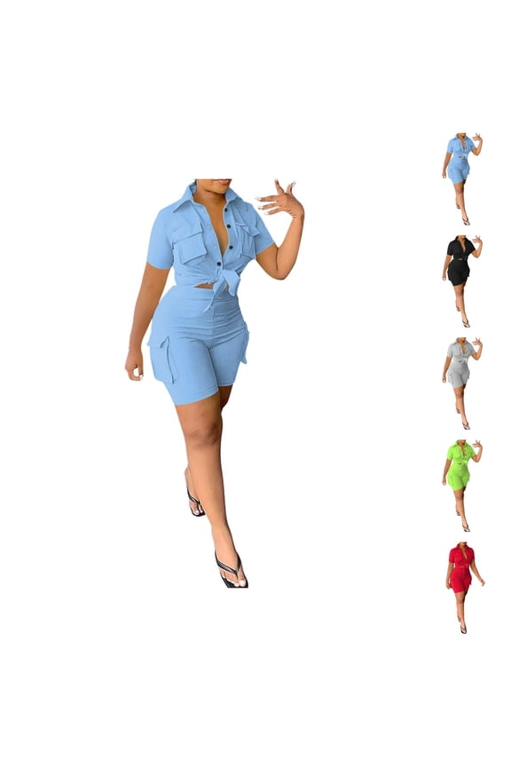 Short Sets for Women Slim Fit Short Sleeve Button Down Collared Shirt and Shorts 2 Piece Matching Set Work Sets