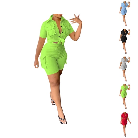Short Sets for Women Slim Fit Short Sleeve Button Down Collared Shirt and Shorts 2 Piece Matching Set Work Sets