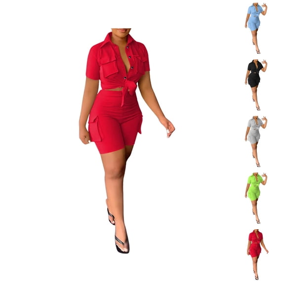 Short Sets for Women Slim Fit Short Sleeve Button Down Collared Shirt and Shorts 2 Piece Matching Set Work Sets
