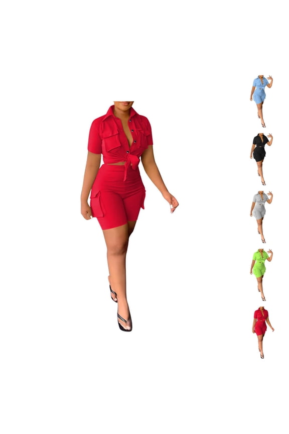 Short Sets for Women Slim Fit Short Sleeve Button Down Collared Shirt and Shorts 2 Piece Matching Set Work Sets