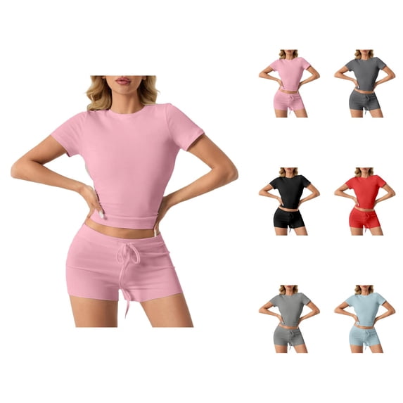 Short Sets for Women Slim Fit Short Sleeve Crewneck Crop T Shirt and Shorts 2 Piece Matching Set Womens Lounge Set