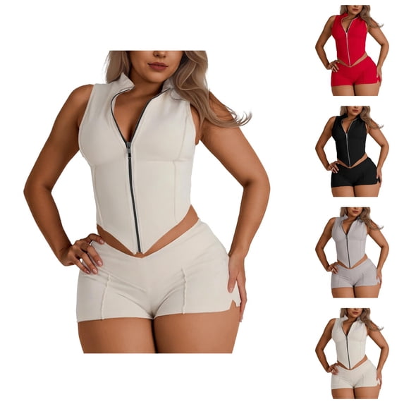 Short Sets for Women Slim Fit Sleeveless Zip Up Cropped Vest and Shorts 2 Piece Matching Set Going out Sets