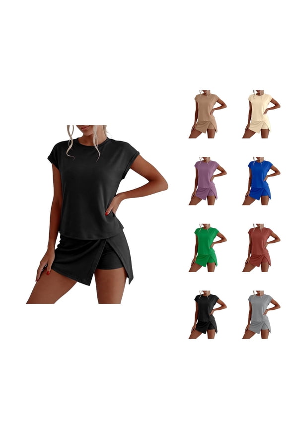 Short Sets for Women Summer Cap Sleeve Crewneck T Shirt and Skirted Shorts Skorts 2 Piece Matching Set Womens Lounge Set