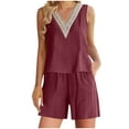 thumbnail image 1 of Short Sets for Women Summer Casual Two Piece Outfits Cotton Linen Crochet V Neck Tank Tops with Wide Leg Shorts Set (X-Large, Wine), 1 of 6
