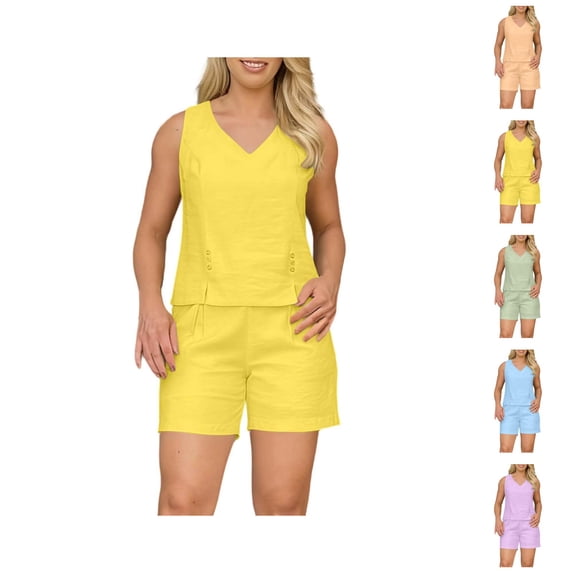 Short Sets for Women Summer Linen Sleeveless V Neck Tank Top and Shorts 2 Piece Matching Set Womens Lounge Set