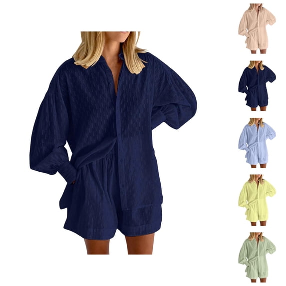 Short Sets for Women Textured Long Puff Sleeve Button Collared Shirt and Shorts 2 Piece Matching Set Beach Vacation Sets