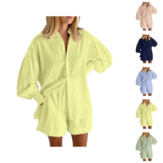 Short Sets for Women Textured Long Puff Sleeve Button Collared Shirt and Shorts 2 Piece Matching Set Beach Vacation Sets
