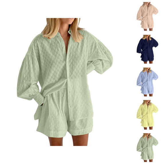 Short Sets for Women Textured Long Puff Sleeve Button Collared Shirt and Shorts 2 Piece Matching Set Beach Vacation Sets
