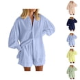 thumbnail image 1 of Short Sets for Women Textured Long Puff Sleeve Button Collared Shirt and Shorts 2 Piece Matching Set Beach Vacation Sets, 1 of 6