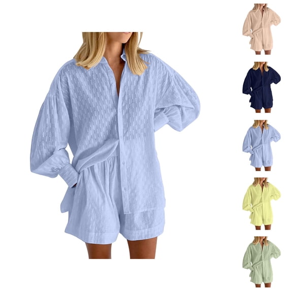 Short Sets for Women Textured Long Puff Sleeve Button Collared Shirt and Shorts 2 Piece Matching Set Beach Vacation Sets