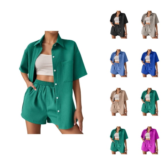 Short Sets for Women Waffle Knit Loose Fit Short Sleeve Button Down Collared Shirt and Shorts 2 Piece Matching Set