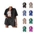 thumbnail image 1 of Short Sets for Women Waffle Knit Loose Fit Short Sleeve Button Down Collared Shirt and Shorts 2 Piece Matching Set, 1 of 6
