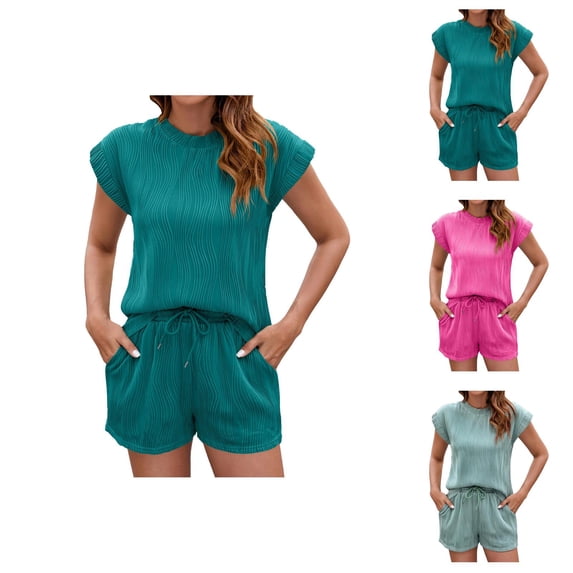 Short Sets for Women Wave Texture Short Sleeve Crewneck T Shirt and Shorts 2 Piece Matching Set Womens Lounge Set