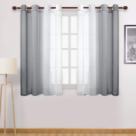 Short Sheer Curtains for Living Room 64 inch Length 2 Panels Set, Grommet Semi Sheer Privacy with Light Filtering Flax Window Treatments for Bedroom, W52 x L64, Grey